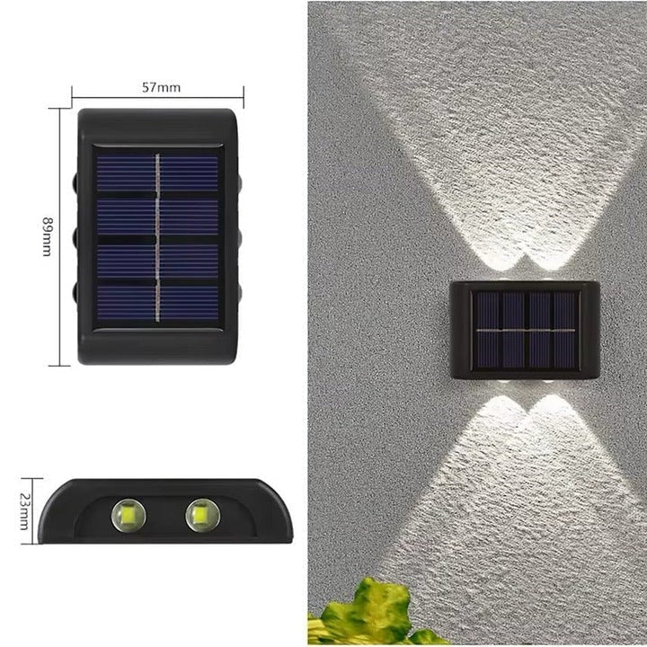 Luces solares de pared para exteriores con LED de doble haz e iluminación ascendente y descendente en blanco cálido y frío