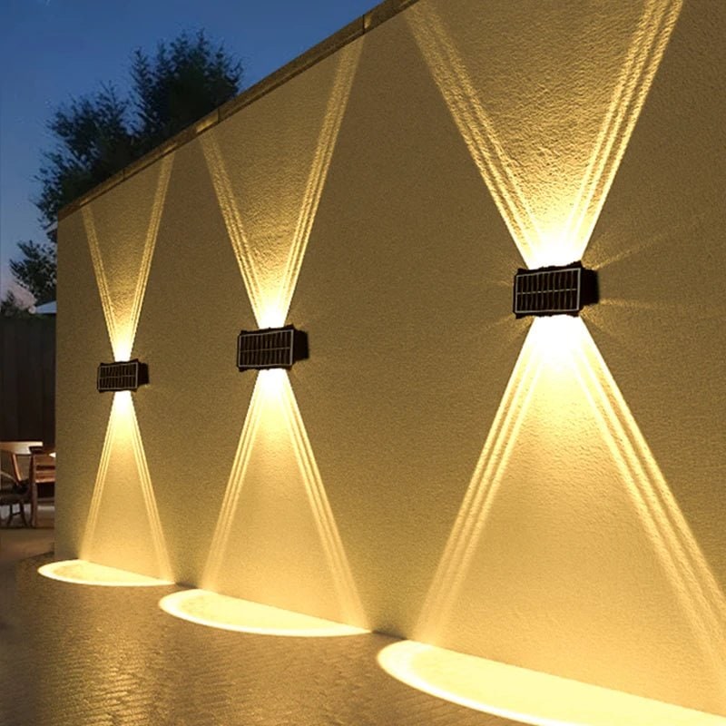 Lámparas solares de pared para exterior con iluminación hacia arriba y hacia abajo, resistentes a la intemperie y con alimentación eléctrica exterior
