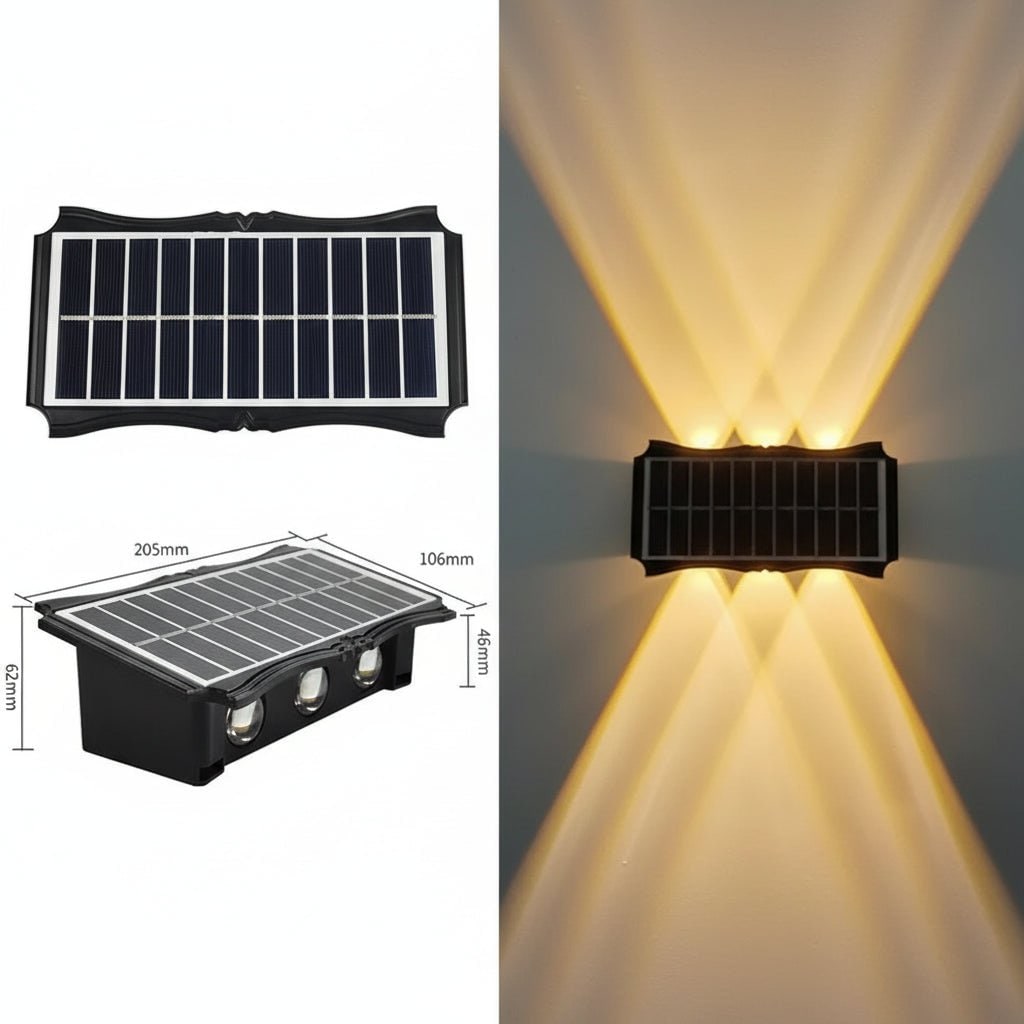 Lámparas solares de pared para exterior con iluminación hacia arriba y hacia abajo, resistentes a la intemperie y con alimentación eléctrica exterior