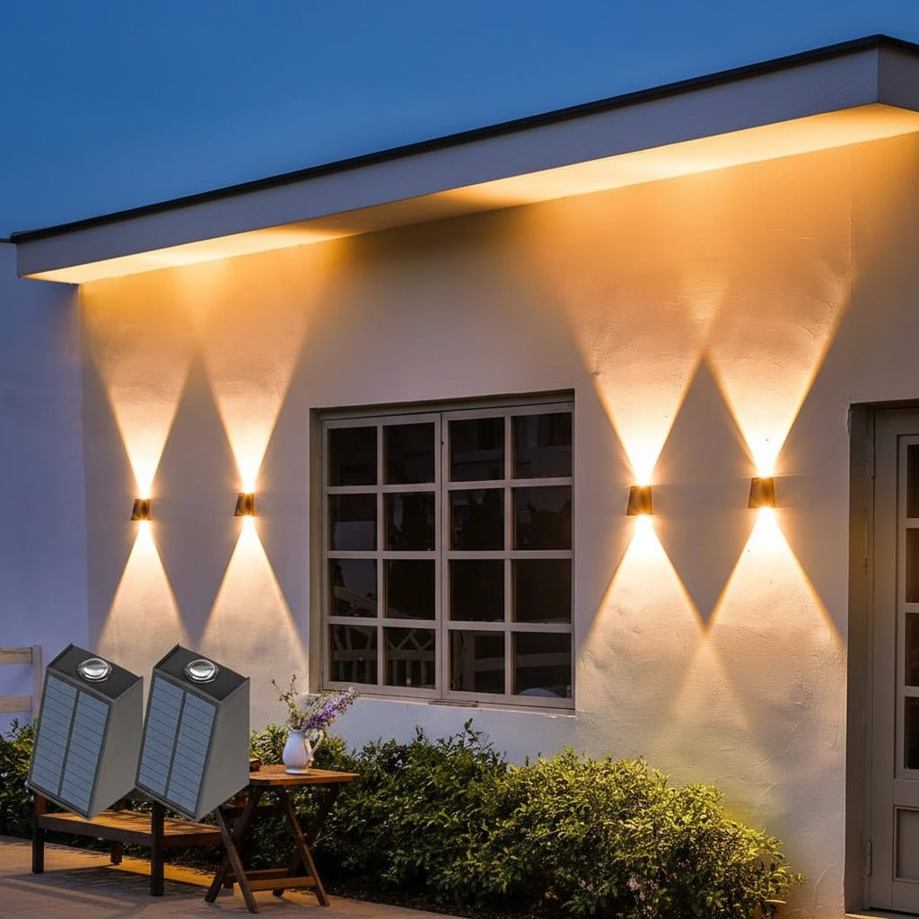 Lámparas solares de pared para exterior con iluminación hacia arriba y hacia abajo, resistentes a la intemperie y con alimentación eléctrica exterior