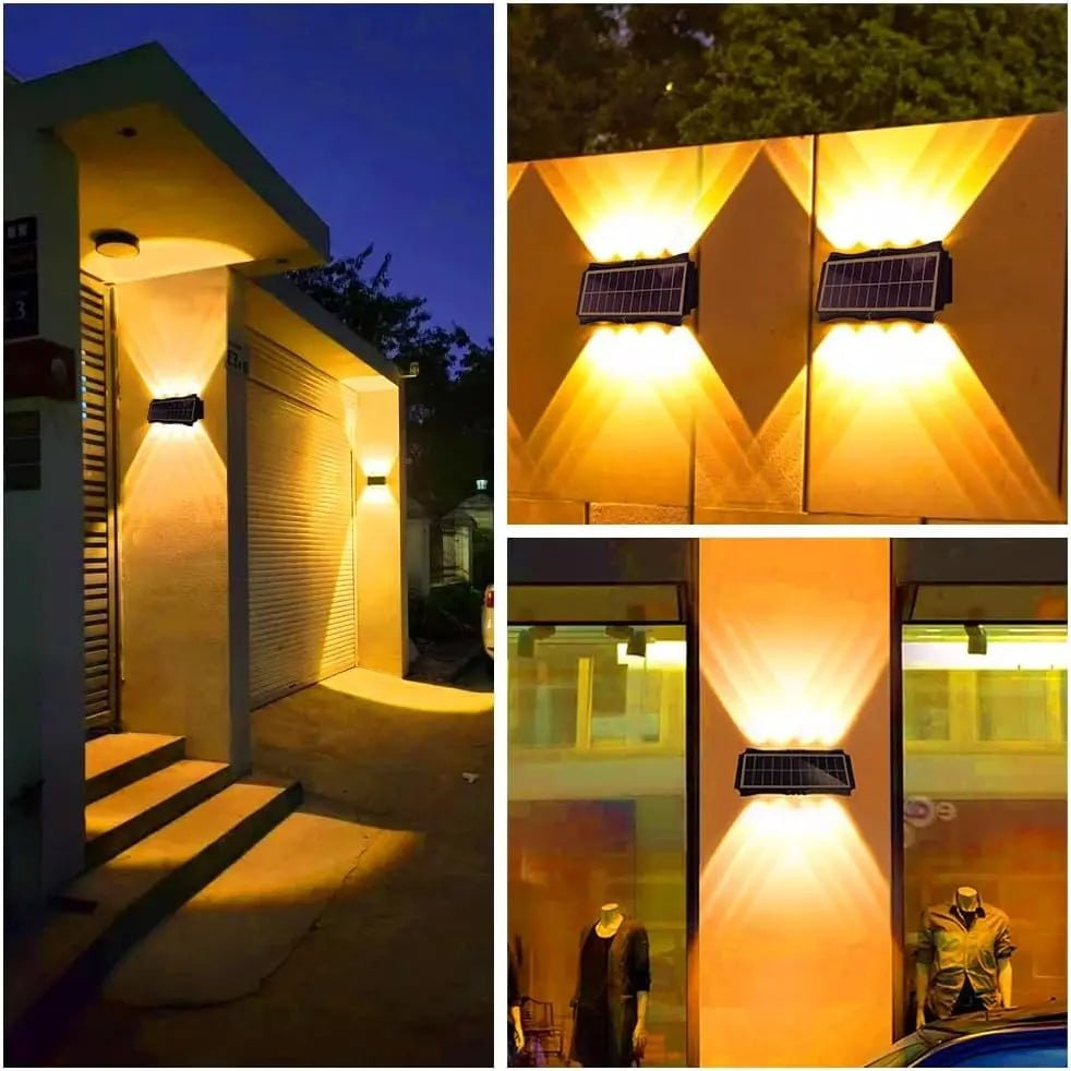 Lámparas solares de pared para exterior con iluminación hacia arriba y hacia abajo, resistentes a la intemperie y con alimentación eléctrica exterior