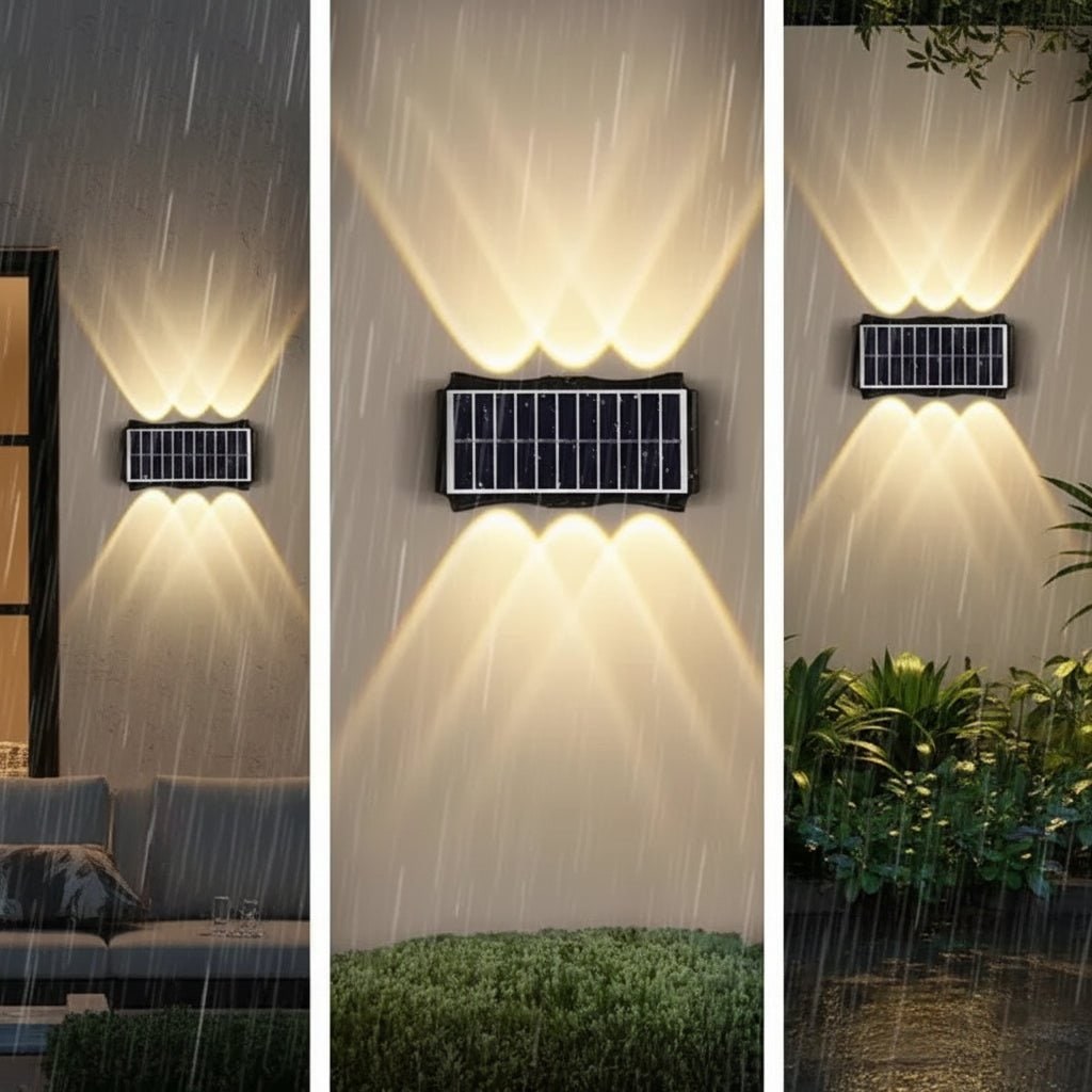 Lámparas solares de pared para exterior con iluminación hacia arriba y hacia abajo, resistentes a la intemperie y con alimentación eléctrica exterior