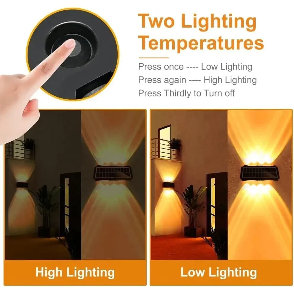Lámparas solares de pared para exterior con iluminación hacia arriba y hacia abajo, resistentes a la intemperie y con alimentación eléctrica exterior
