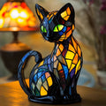 Lámpara de mesa con forma de gato de vidriera, diseño de mosaico colorido y cálida luz ambiental para la mesita de noche