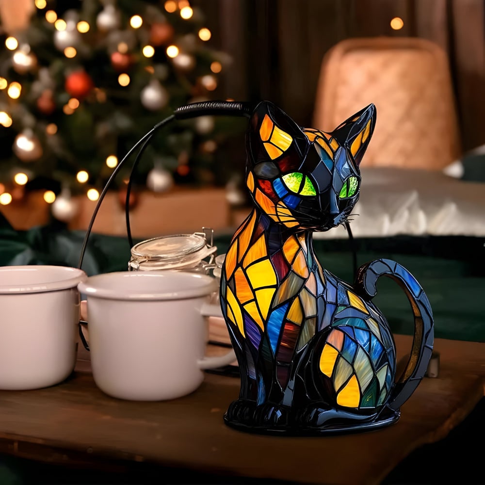 Lámpara de mesa con forma de gato de vidriera, diseño de mosaico colorido y cálida luz ambiental para la mesita de noche