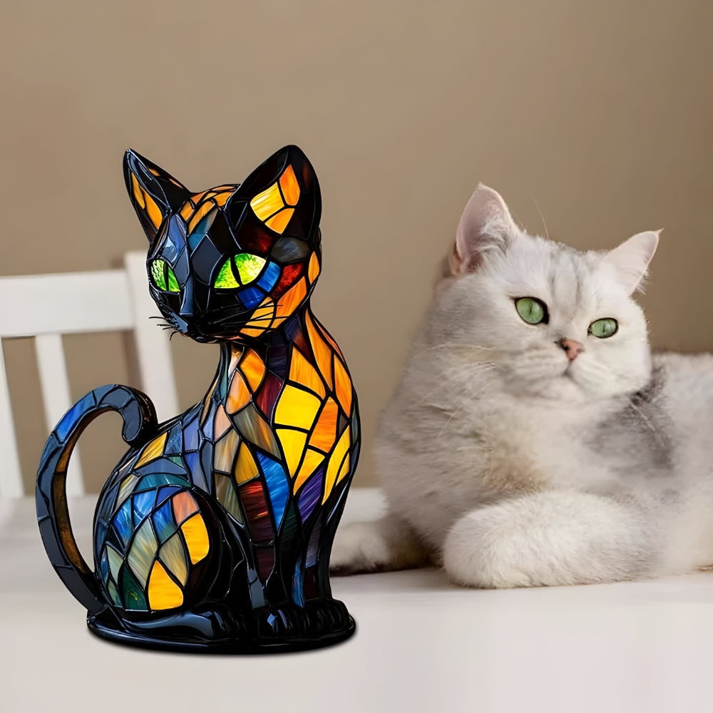 Lámpara de mesa con forma de gato de vidriera, diseño de mosaico colorido y cálida luz ambiental para la mesita de noche
