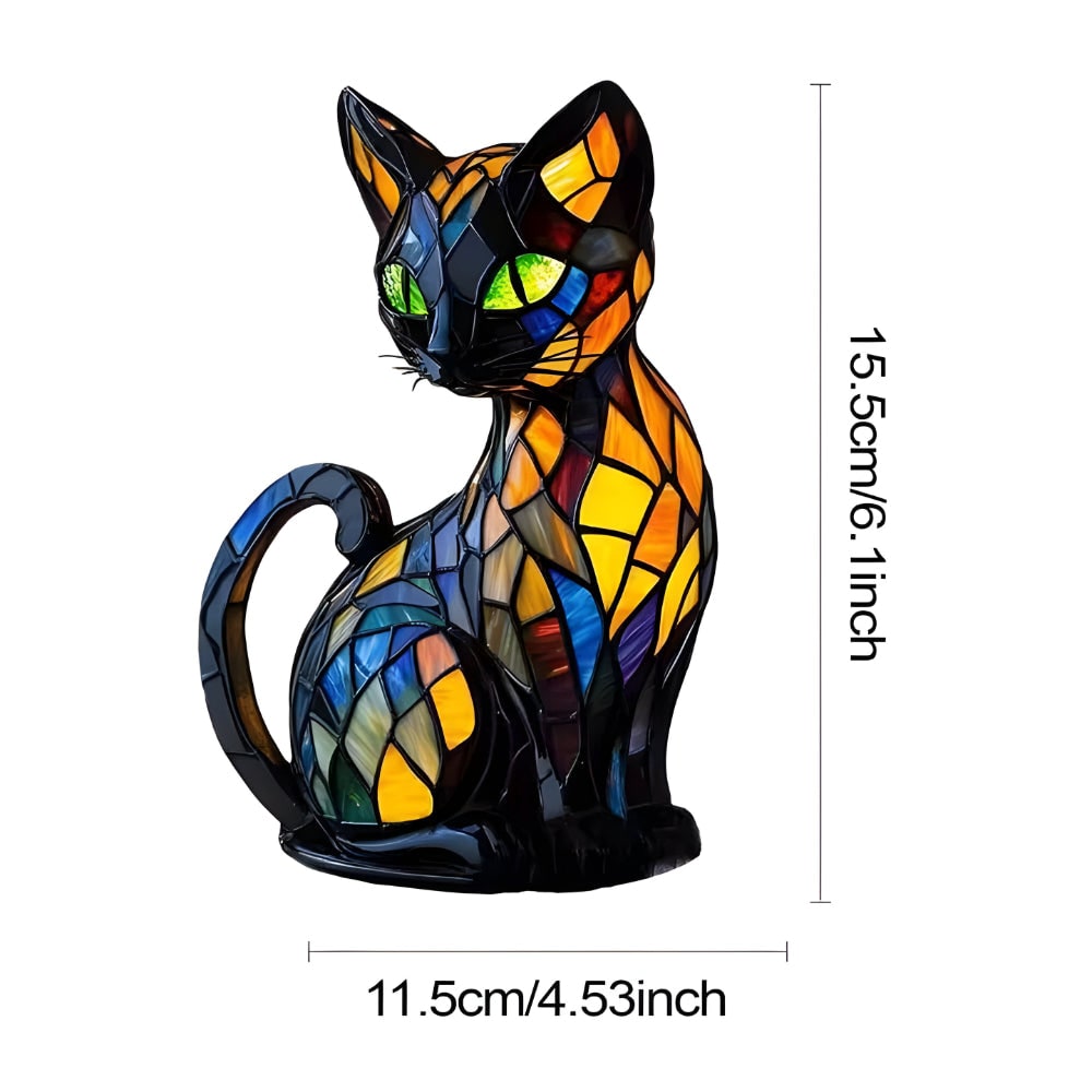 Lámpara de mesa con forma de gato de vidriera, diseño de mosaico colorido y cálida luz ambiental para la mesita de noche