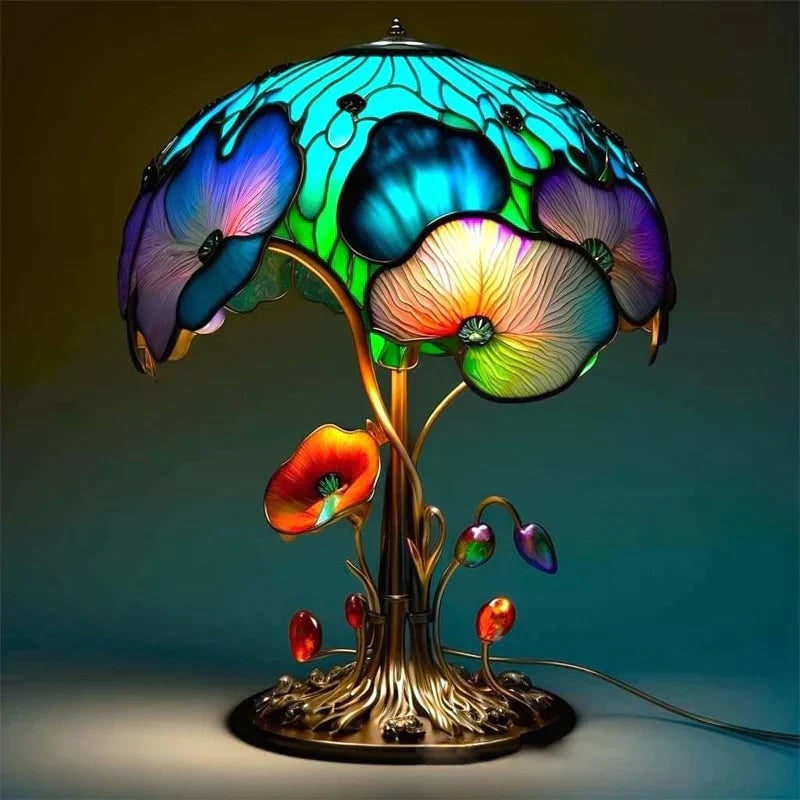 Lámpara de mesa de vidrio emplomado con pantalla decorativa de resina verde y efecto, con luz LED cálida