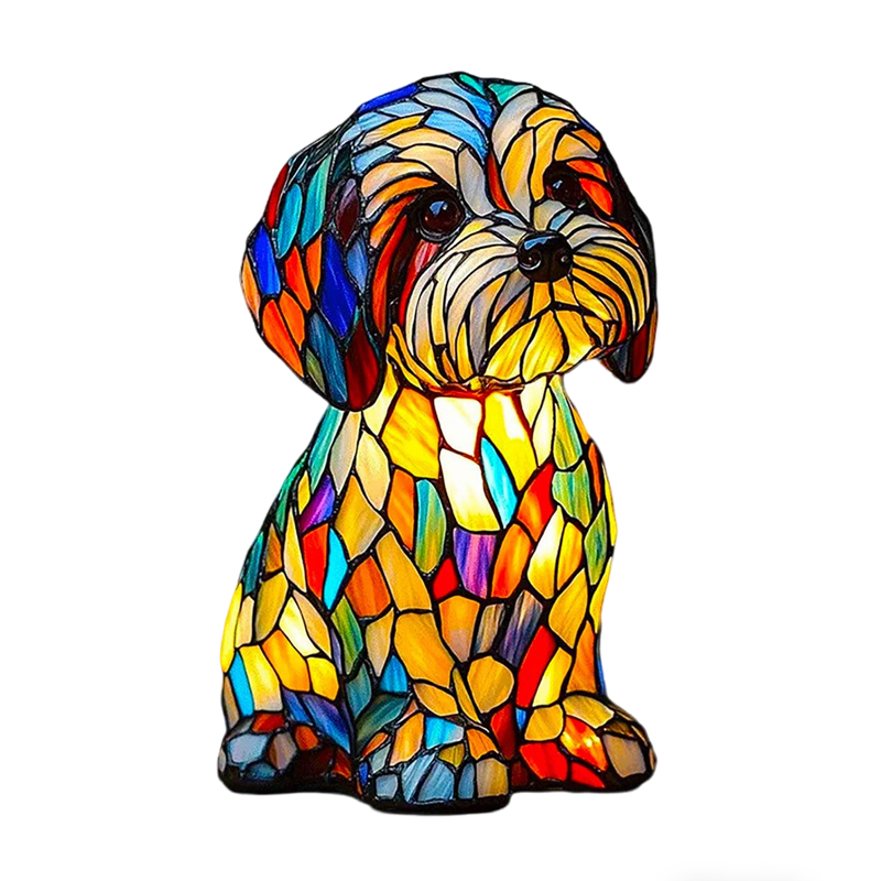 Lámpara de mesa con perro animal, mosaico de vidrieras de resina, luz nocturna iluminada
