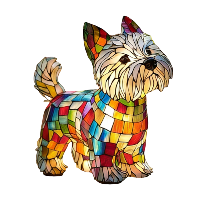 Lámpara de mesa con perro animal, mosaico de vidrieras de resina, luz nocturna iluminada