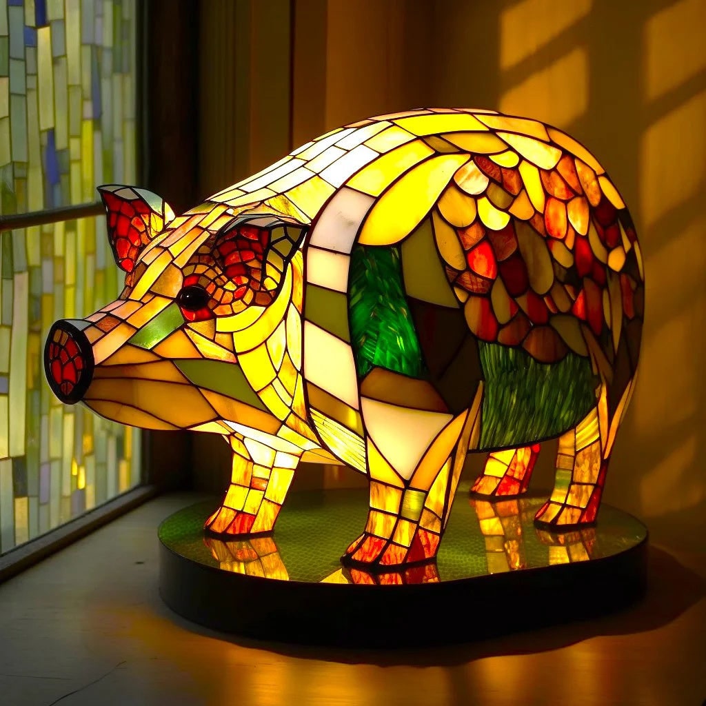 Lámpara de mesa con animal, mosaico de vidrieras y luz decorativa estilo Tiffany