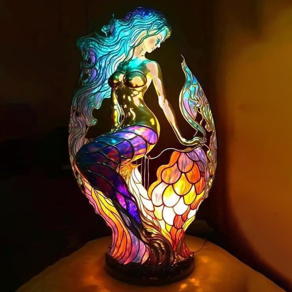 Lámpara de mesa con animal, mosaico de vidrieras y luz decorativa estilo Tiffany