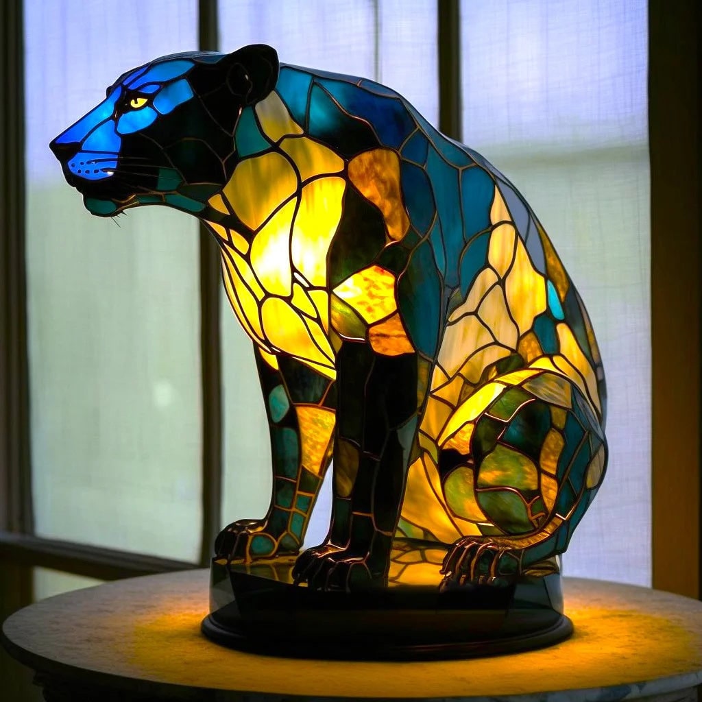 Lámpara de mesa con vitrales estilo Tiffany, animal y paneles de mosaico
