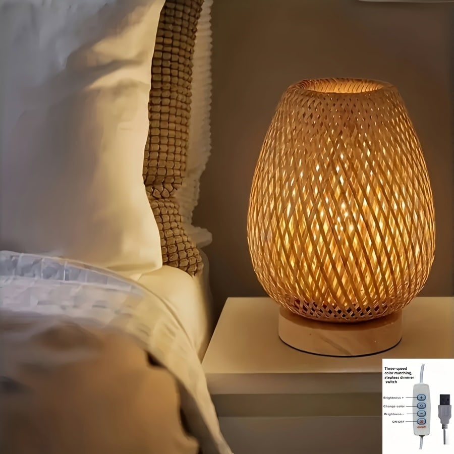 Lámpara de mesa tejida de bambú con luz de noche, alimentación USB y control de intensidad regulable