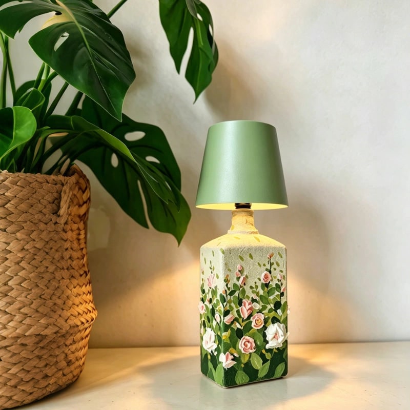 Lámpara de mesa inalámbrica de metal con diseño de botella, LED recargable y portátil
