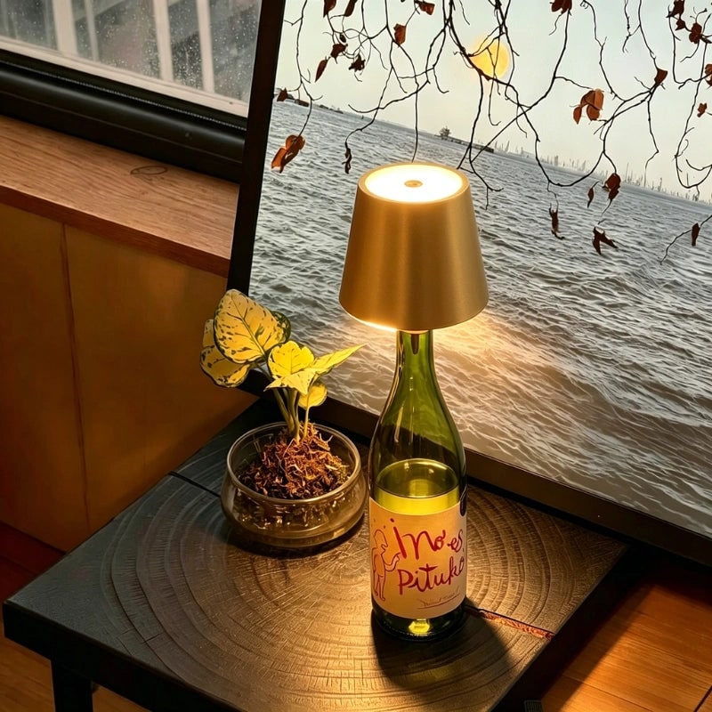 Lámpara de mesa inalámbrica de metal con diseño de botella, LED recargable y portátil