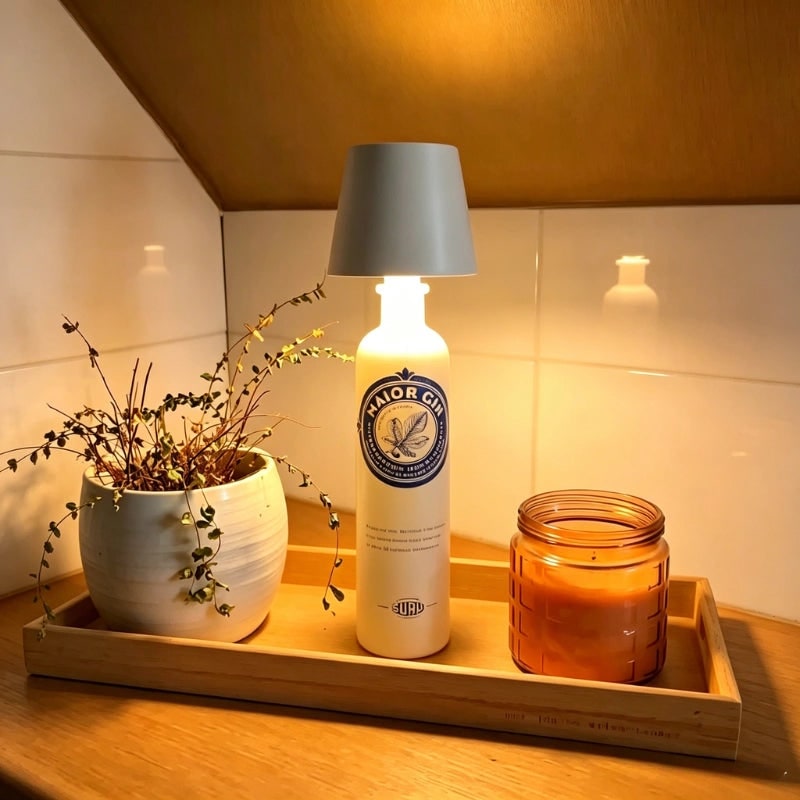 Lámpara de mesa inalámbrica de metal con diseño de botella, LED recargable y portátil