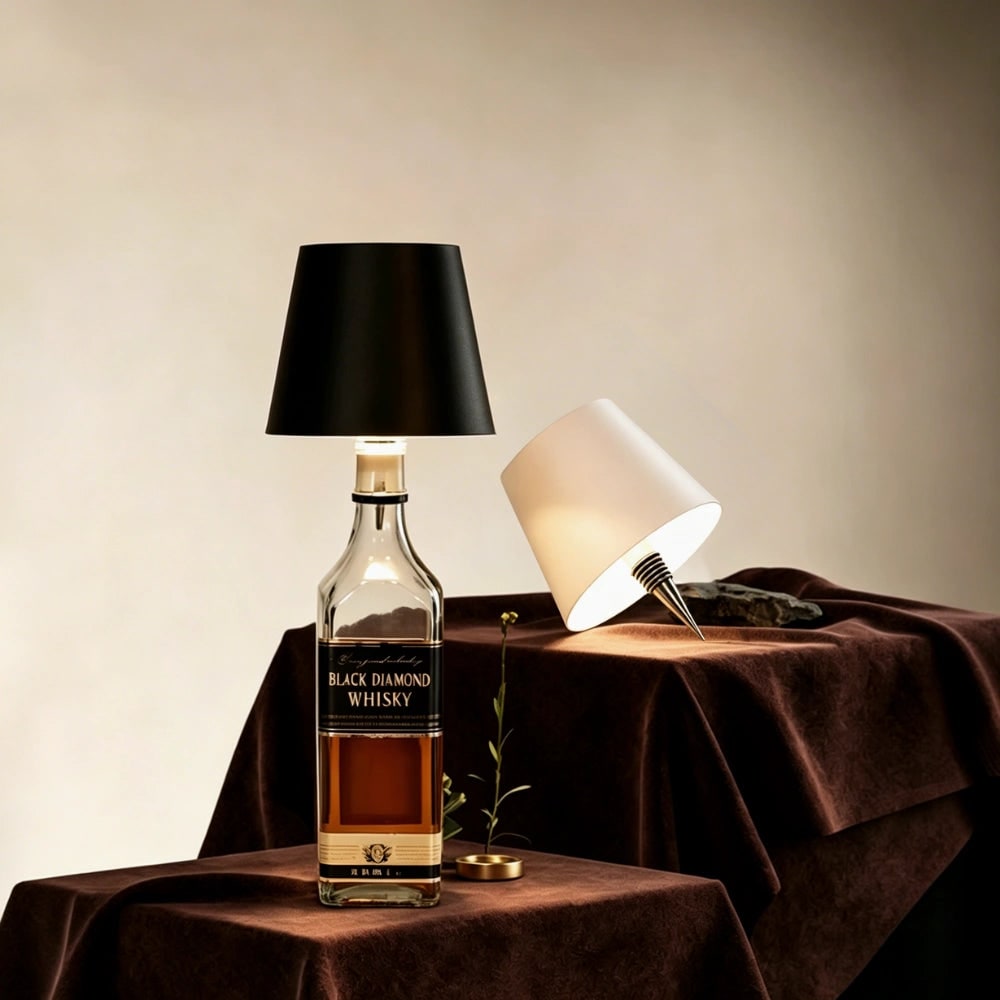Lámpara de mesa inalámbrica de metal con diseño de botella, LED recargable y portátil