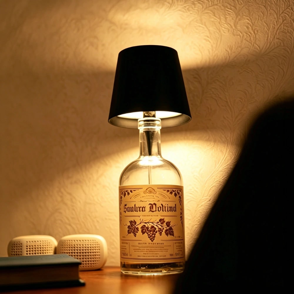 Lámpara de mesa inalámbrica de metal con diseño de botella, LED recargable y portátil