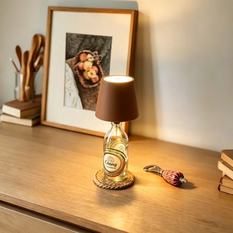 Lámpara de mesa inalámbrica de metal con diseño de botella, LED recargable y portátil