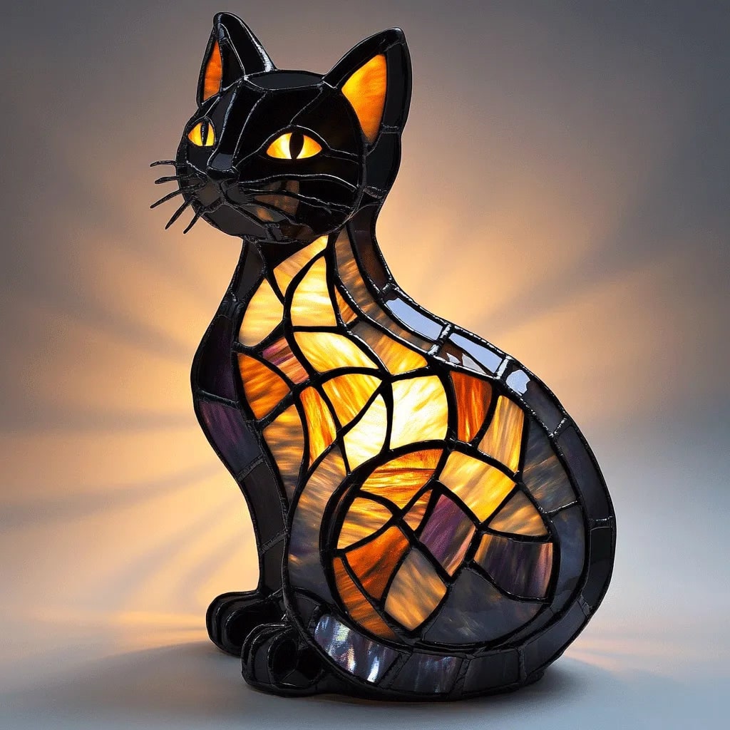 Lámpara de mesa de vidrieras con gato de ojos brillantes, multicolor y decorativa
