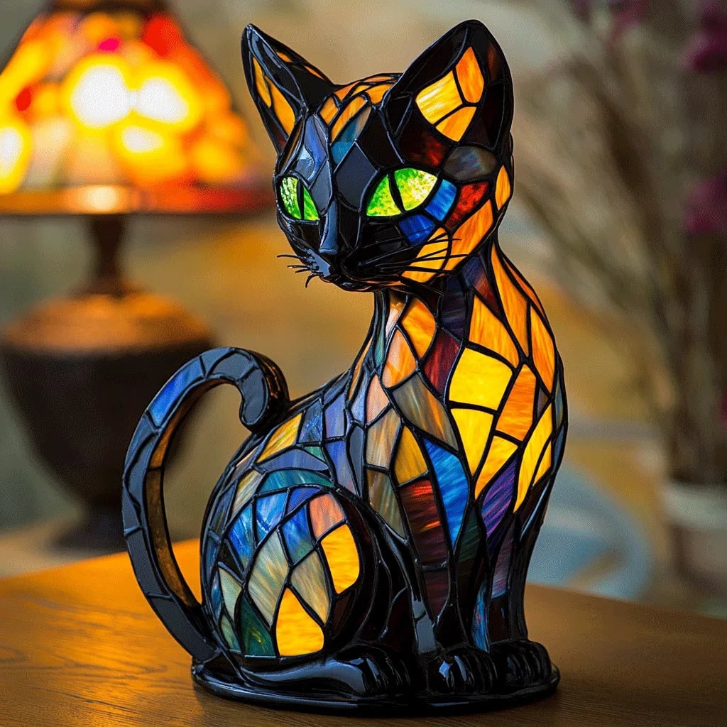 Lámpara de mesa de vidrieras con gato de ojos brillantes, multicolor y decorativa